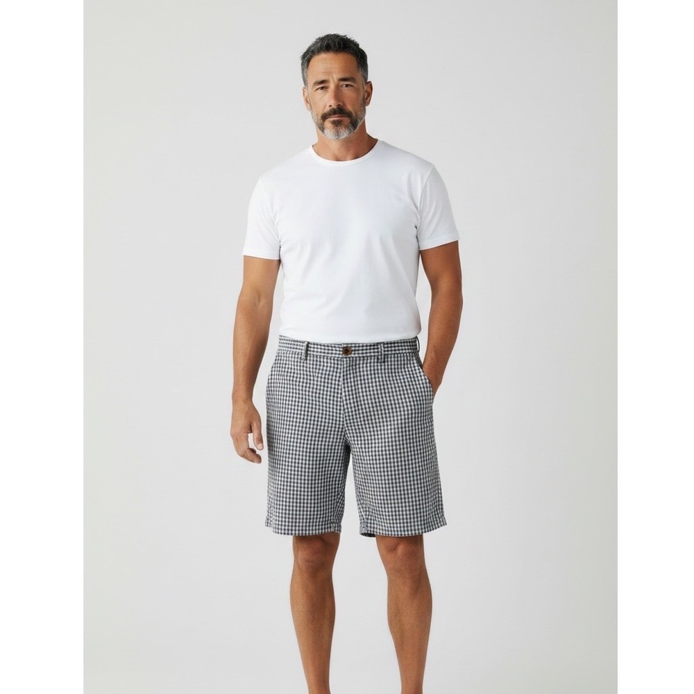 Tommy Bahama Mens Grey White Gingham Check Cotton Shorts 36 Marlin Logo Boating